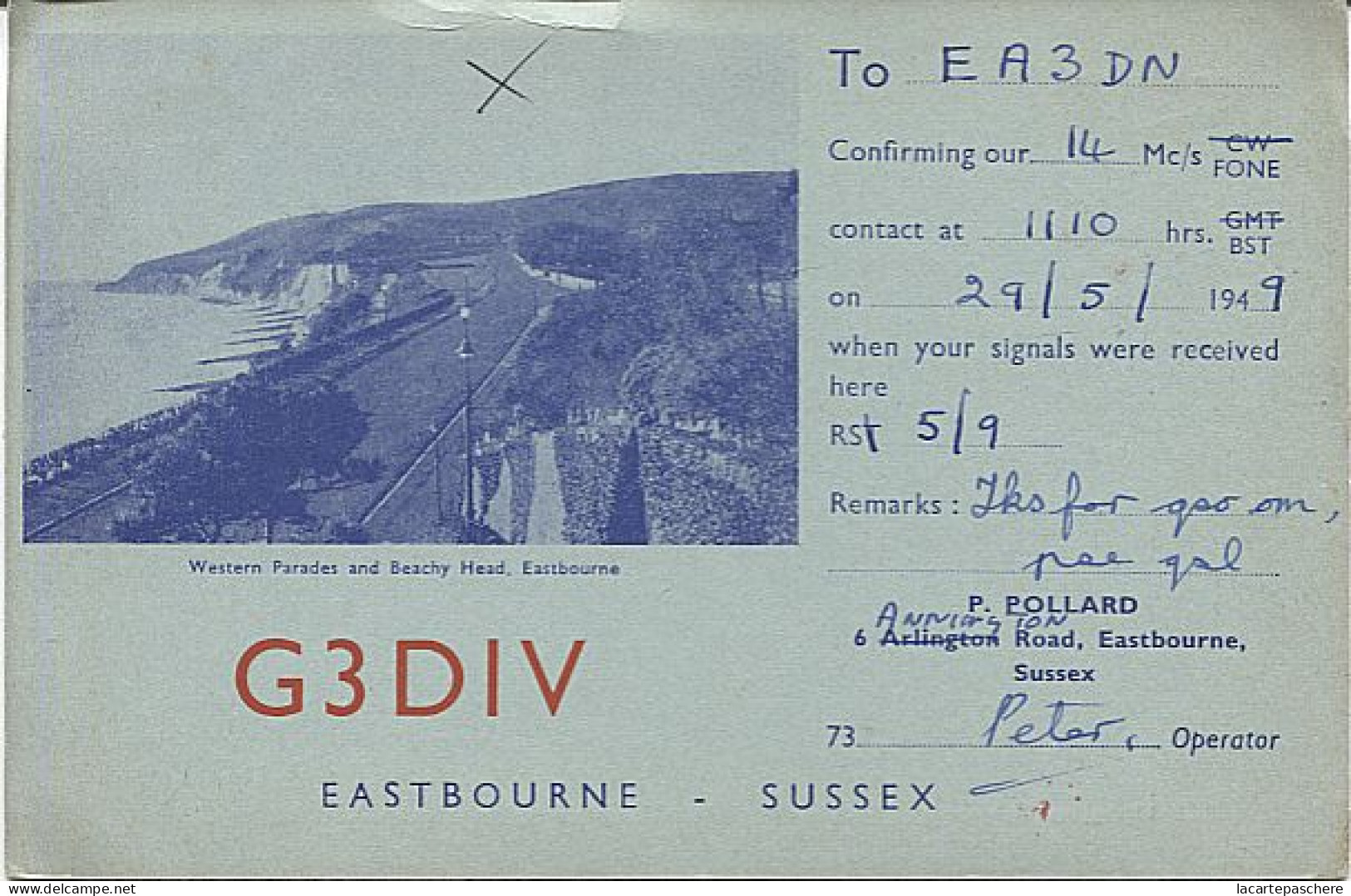 X120931 CARTE QSL RADIO AMATEUR G3DIV GRANDE BRETAGNE GREAT BRITAIN ANGLETERRE ENGLAND SUSSEX EASTBOUNE 1952 - Radio Amateur