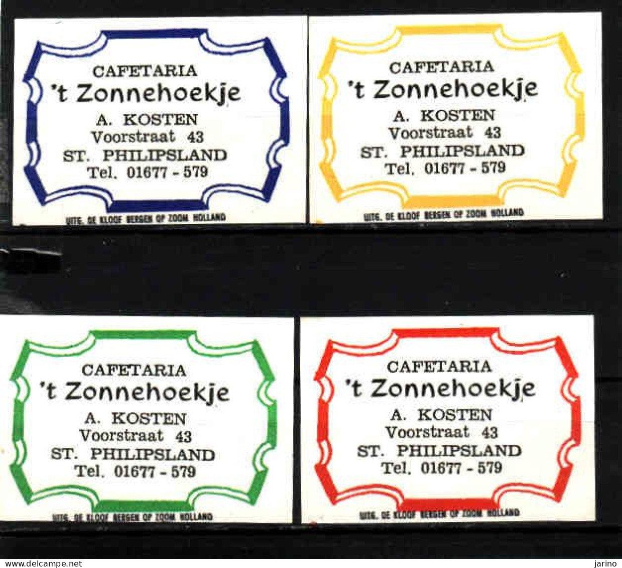 4 Dutch Matchbox Labels, St. Philipsland - Zeeland, Cafetaria 't Zonnehoekje, A. Kosten, Holland, Netherlands - Zündholzschachteletiketten