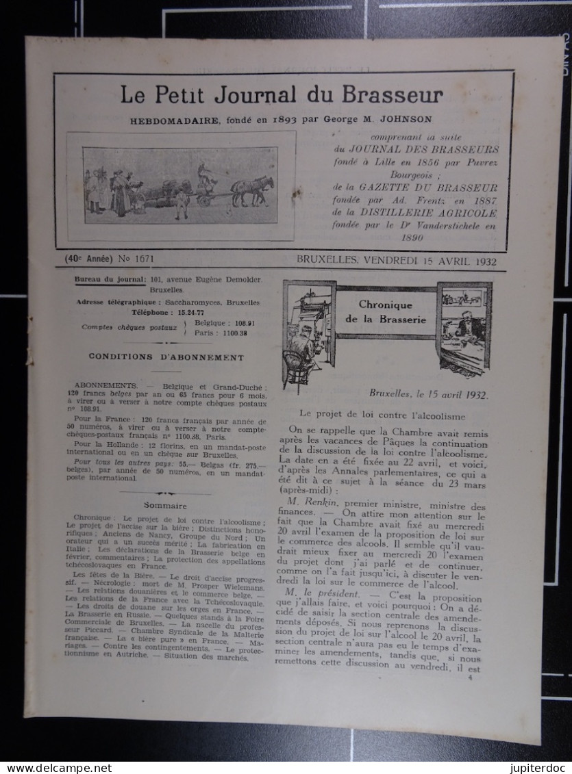 Le Petit Journal Du Brasseur N° 1671 De 1932 Pages 430 à 448 Brasserie Belgique Bières Publicité Matériel Brassage - 1900 - 1949