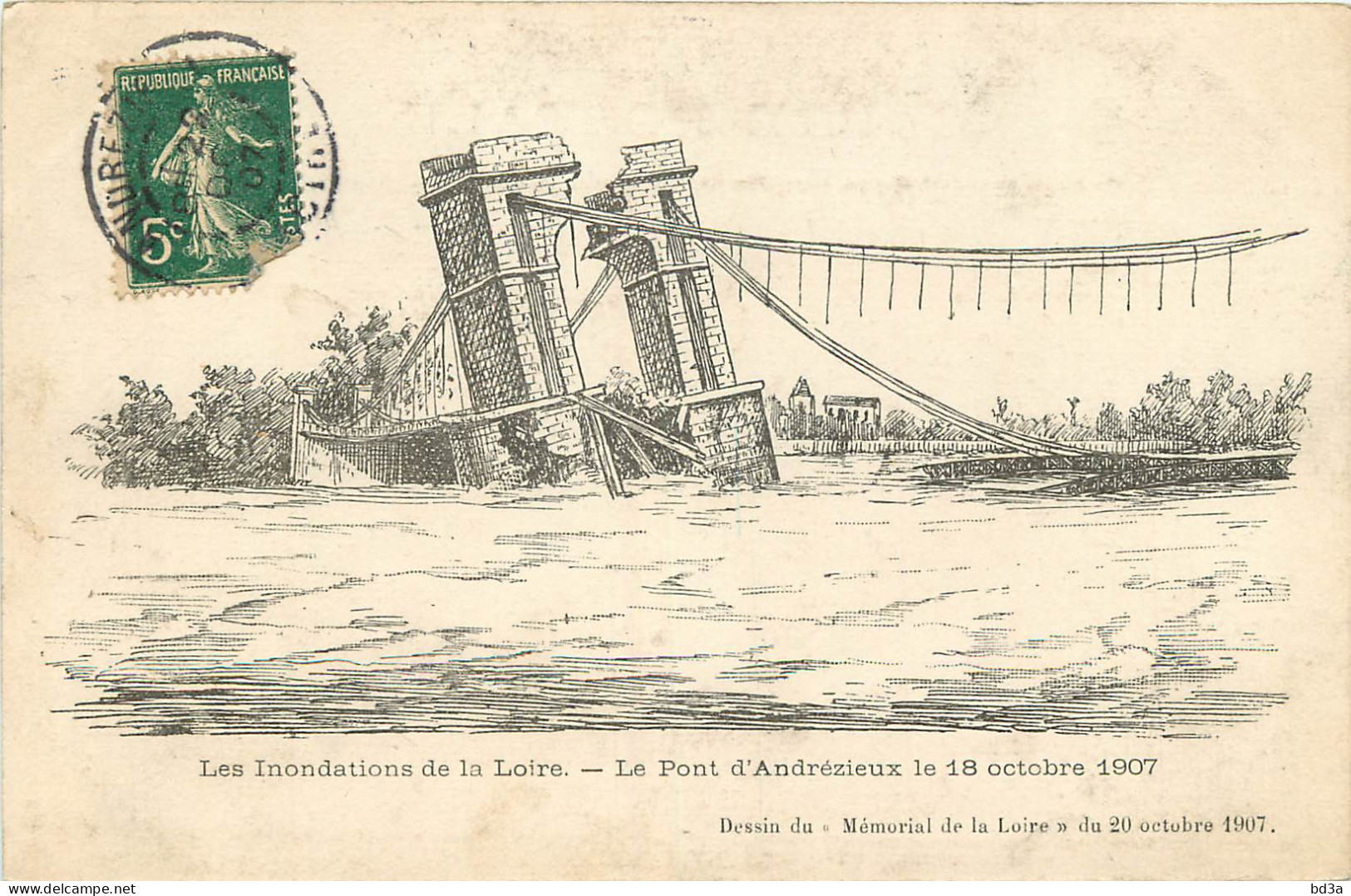 42 -  ANDREZIEUX -  LES INONDATIONS DE LA LOIRE - LE PONT D'ANDREZIEUX LE 18 OCTOBRE 1907 - LITHO - Andrézieux-Bouthéon