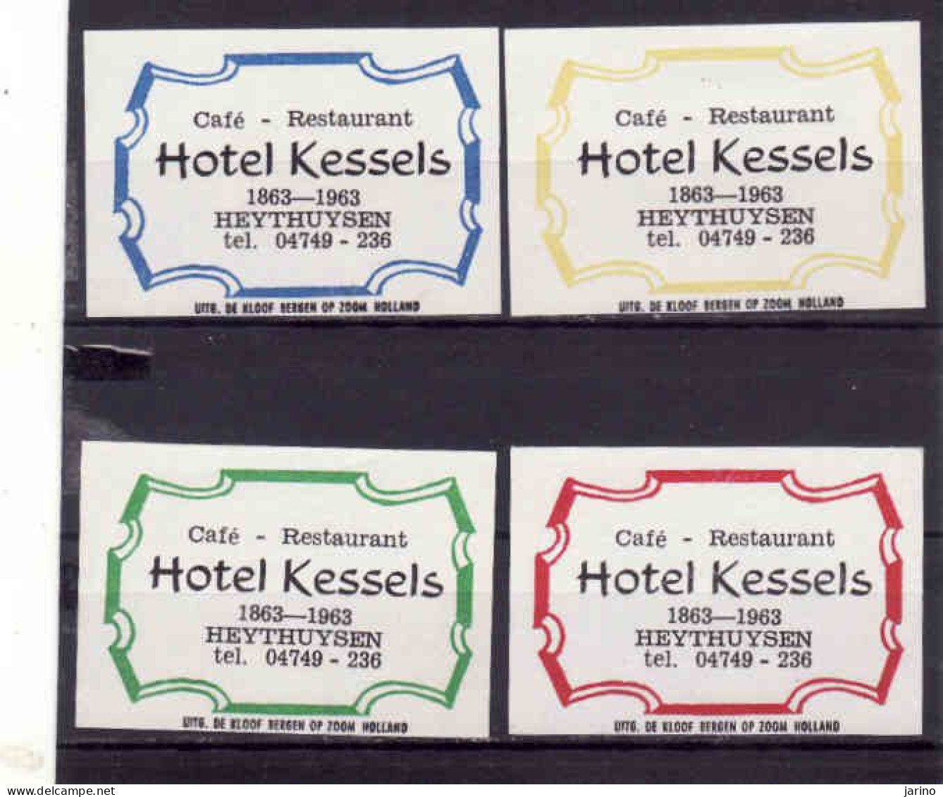 4 Dutch Matchbox Labels 1963, Heythuysen - Limburg, Café Restaurant Hotel Kessels, 1863 - 1963, Holland, Netherlands - Luciferdozen - Etiketten