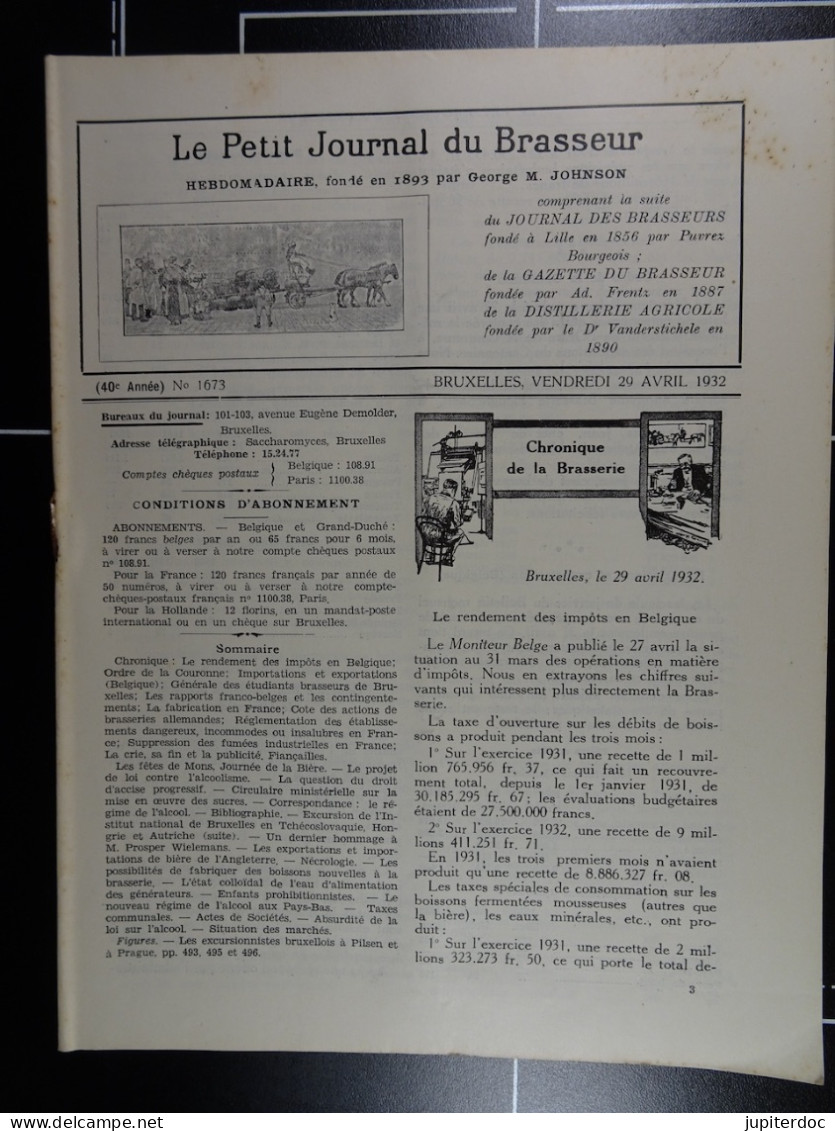 Le Petit Journal Du Brasseur N° 1673 De 1932 Pages 482 à 512 Brasserie Belgique Bières Publicité Matériel Brassage - 1900 - 1949