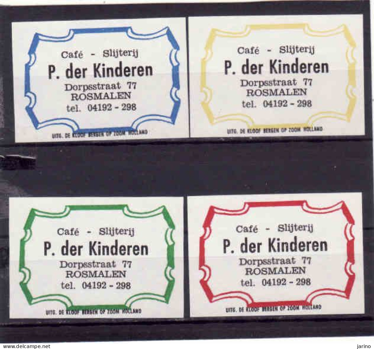 4 Dutch Matchbox Labels, Rosmalen - North Brabant, Café Slijterij P. Der Kinderen, Holland, Netherlands - Zündholzschachteletiketten