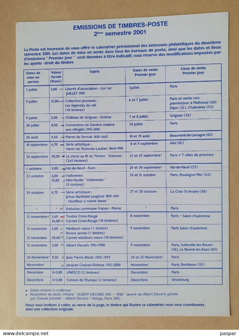 Calendrier Des émissions Philatéliques 2001  2ème Semestre - La Poste - Documents Of Postal Services