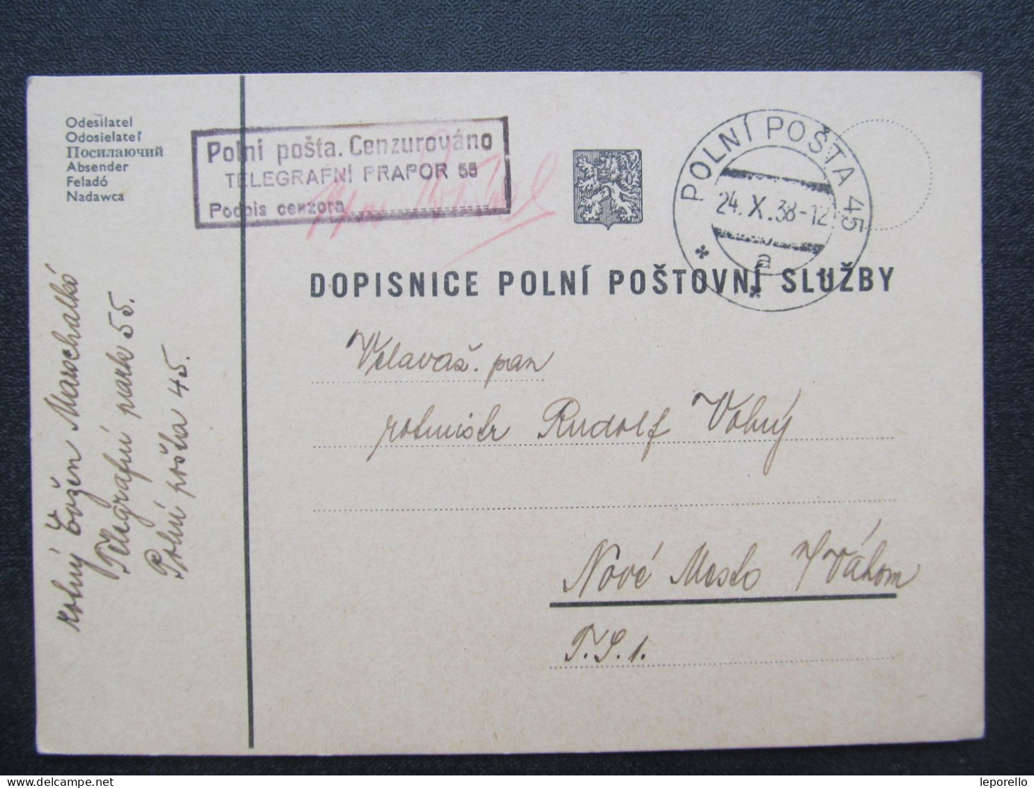 BRIEF Polní Pošta č. 45 1938- Nové Mesto Nad Váhom  /// P6740 - Brieven En Documenten