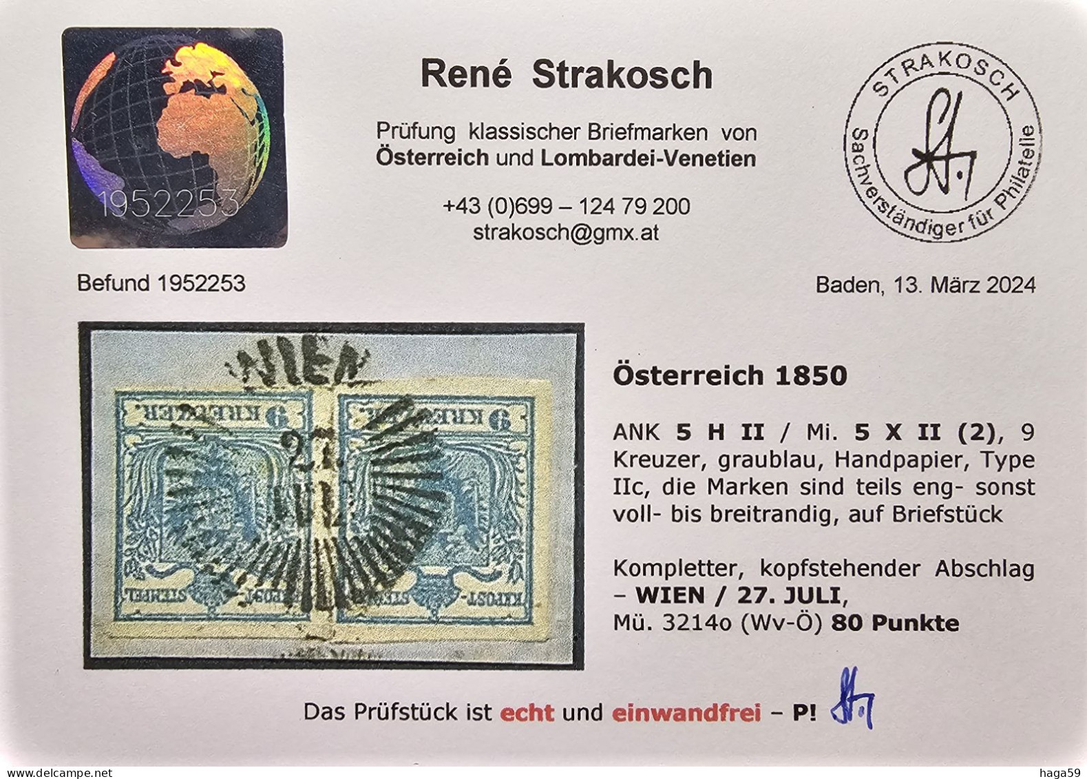 ÖSTERREICH 1850 9kr, GRAUBLAU, HP, TYPE IIc " Wien" Befund Strakosch" - Oblitérés