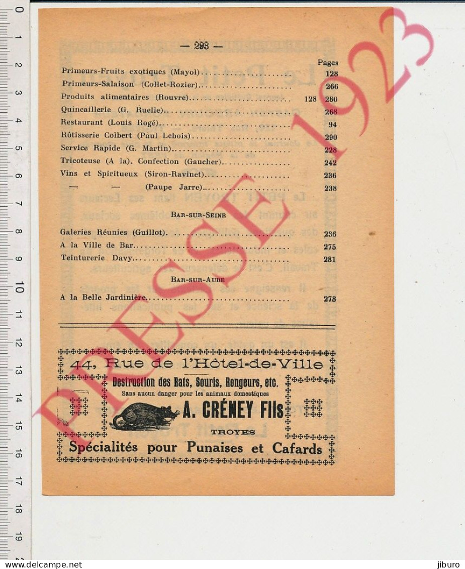 Publicité 1923 A. Créney Fils Destruction Des Rats Souris Rongeurs Punaises Cafards Troyes 10 Aube - Ohne Zuordnung
