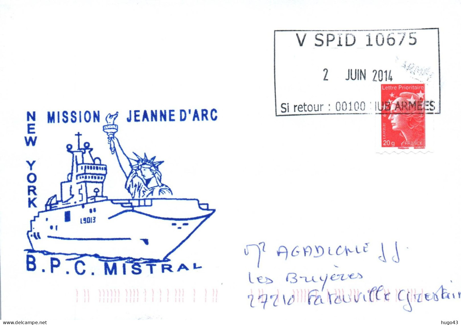 ENVELOPPE AVEC CACHET B.P.C. MISTRAL - MISSION JEANNE D' ARC 2014 - ESCALE A NEW YORK - LE 2/06/2014 - Seepost