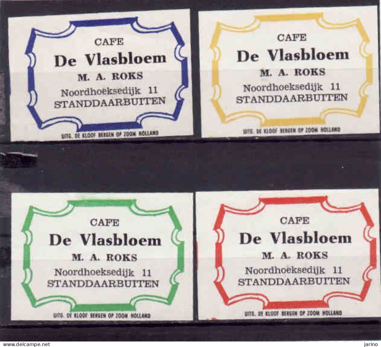 4 Dutch Matchbox Labels, Standdaarbutten - North Brabant, Cafe De Vlasbloem, M. A. Roks, Holland, Netherlands - Luciferdozen - Etiketten