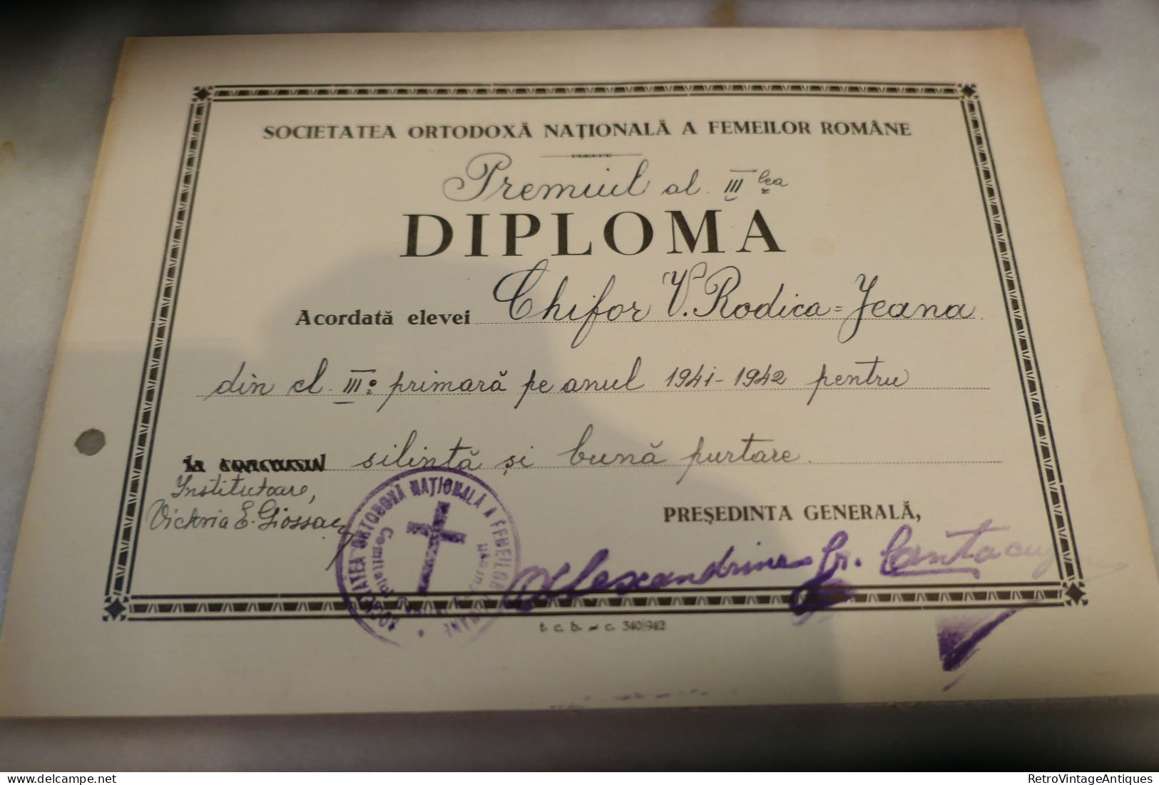 Societatea Ortodoxa Nationala A Femeilor Romane - SONFR - DIPLOMA - Alexandrina Gr. Cantacuzino 1941-1942 Premiu - Diplomas Y Calificaciones Escolares