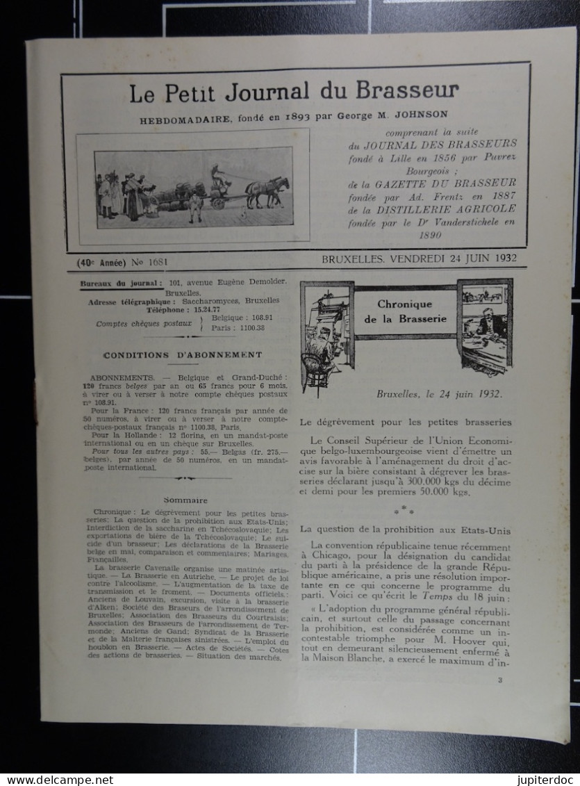 Le Petit Journal Du Brasseur N° 1681 De 1932 Pages 710 à 732 Brasserie Belgique Bières Publicité Matériel Brassage - 1900 - 1949