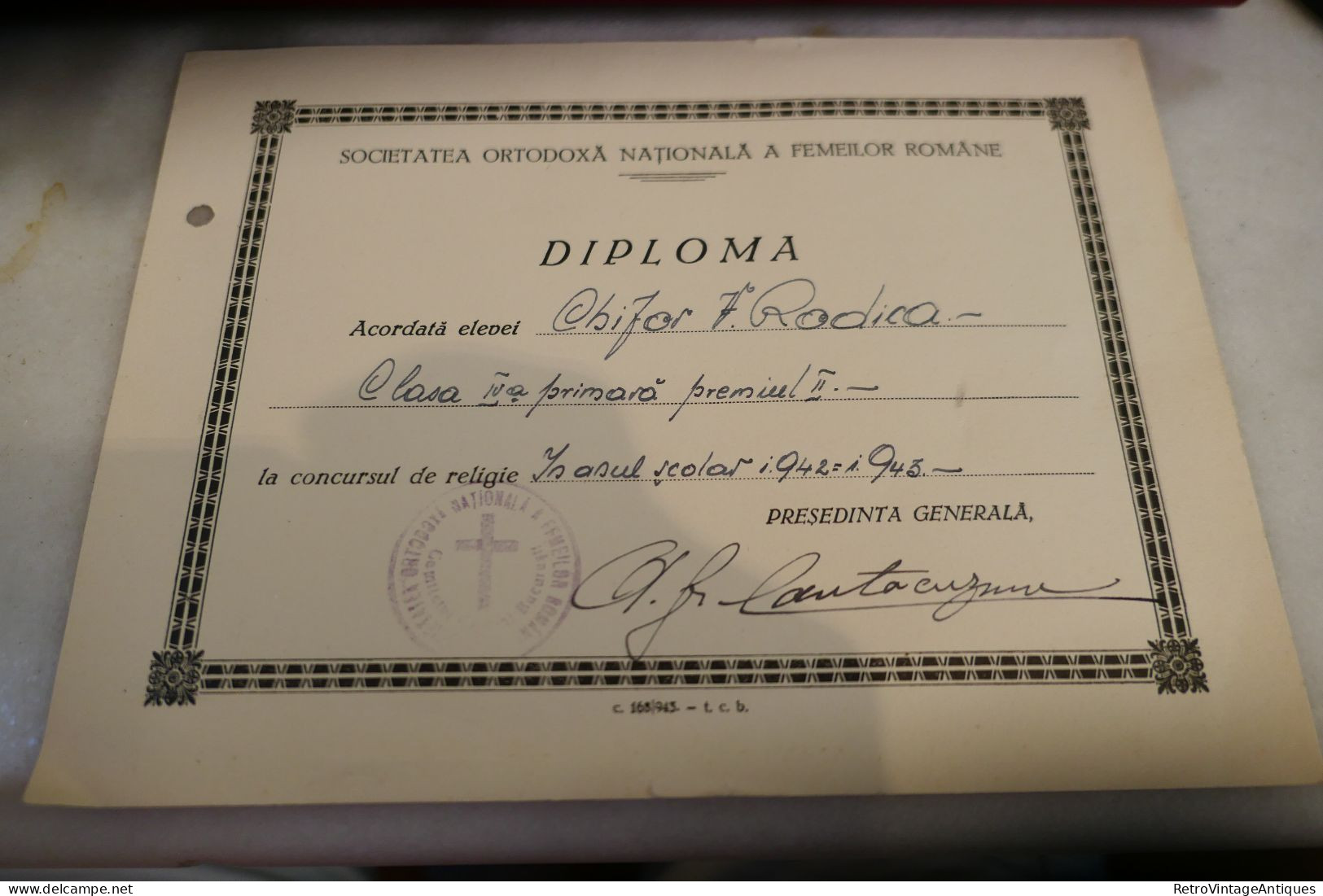 Societatea Ortodoxa Nationala A Femeilor Romane - SONFR - DIPLOMA Semnatura Alexandrina Gr. Cantacuzino 1942-1943 Premiu - Diploma & School Reports