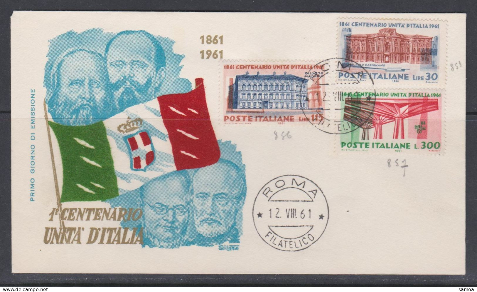 Italie FDC 1961 853 856-57 Centenaitre Unité Italie Palais De Carignan Turin Palais Madame Rome Expo Italia Turin - FDC