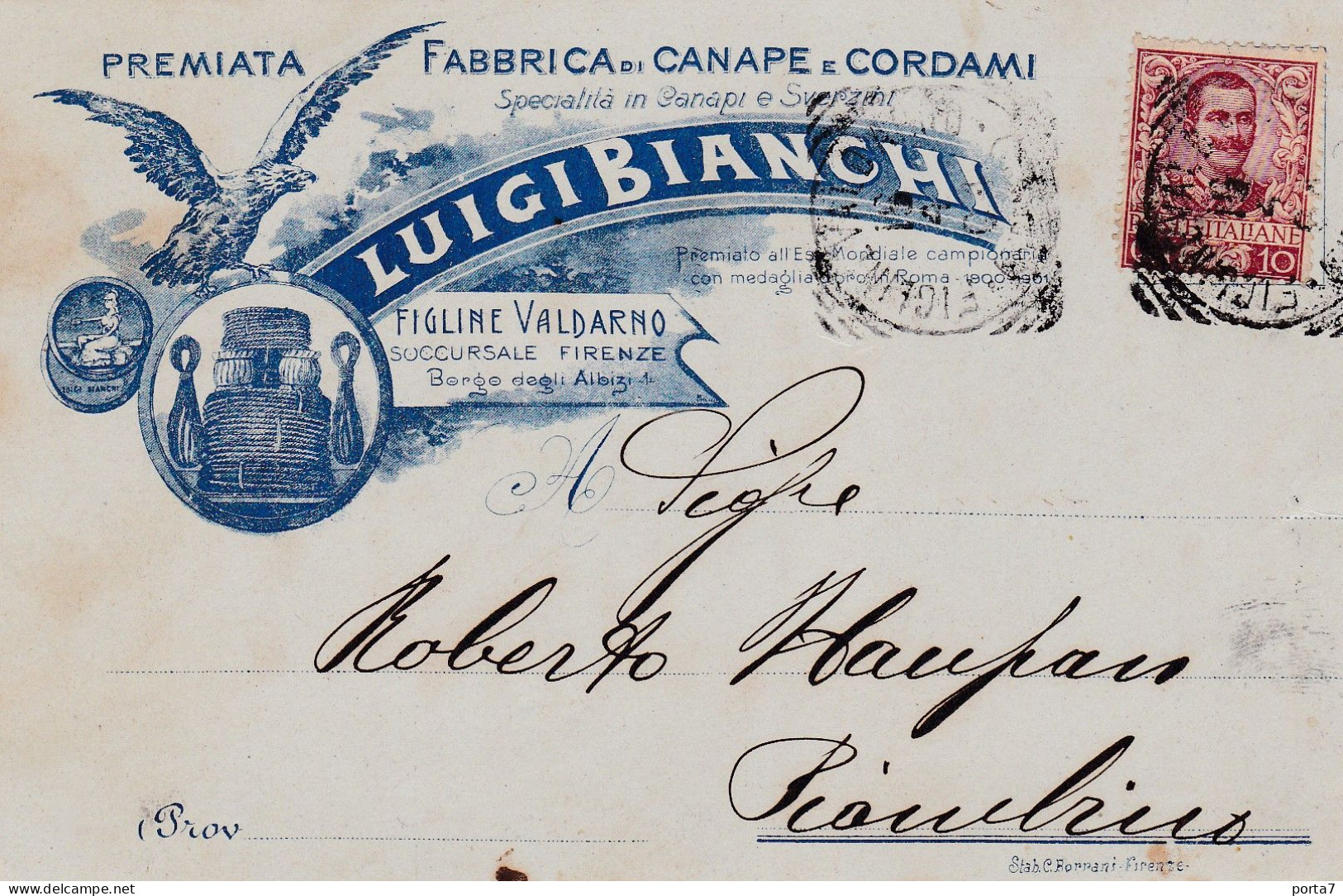 DITTA LUIGI BIANCHI CANAPE E CORDAMI - FIGLINE VALDARNO FIRENZE -  CORDE -  SPEDITA INIZI 1900 - Industrie