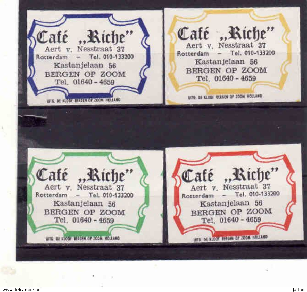 4 Dutch Matchbox Labels, Bergen Op Zoom - North Brabant, Cafe Riche, Rotterdam, Holland, Netherlands - Zündholzschachteletiketten