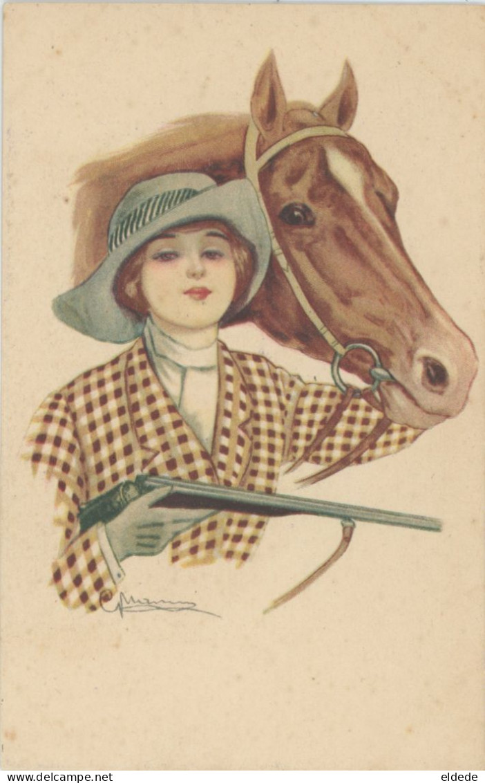 Italian Art Card Signed  Stylish Female Hunter With Gun And Horse . Chasse . Hunting . Fusil . Cheval - Hunting