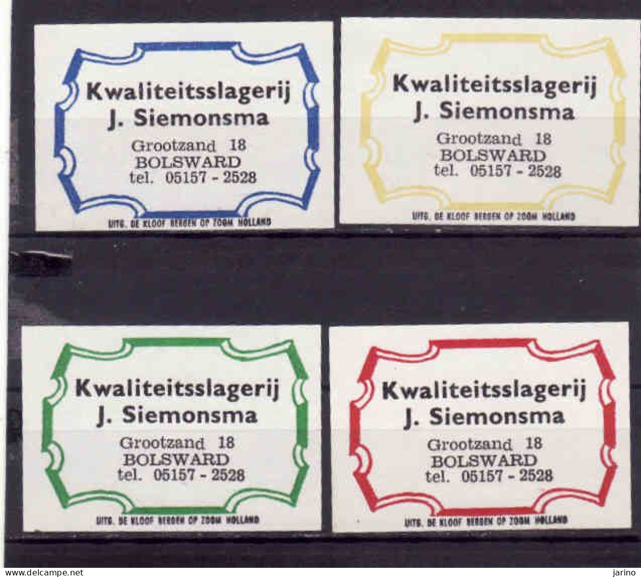 4 Dutch Matchbox Labels, Bolsward - Friesland, Kwaliteitsslagerij J. Siemonsma, Holland, Netherlands - Luciferdozen - Etiketten