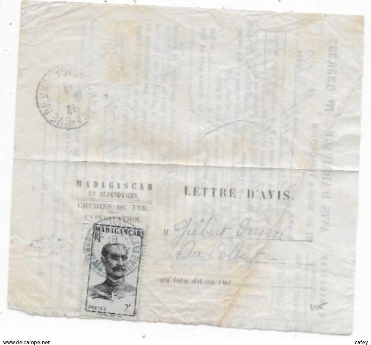 MADAGASCAR Lettre D'avis D'arrivage CHEMIN DE FER 1946 Timbre 2F - Cartas & Documentos