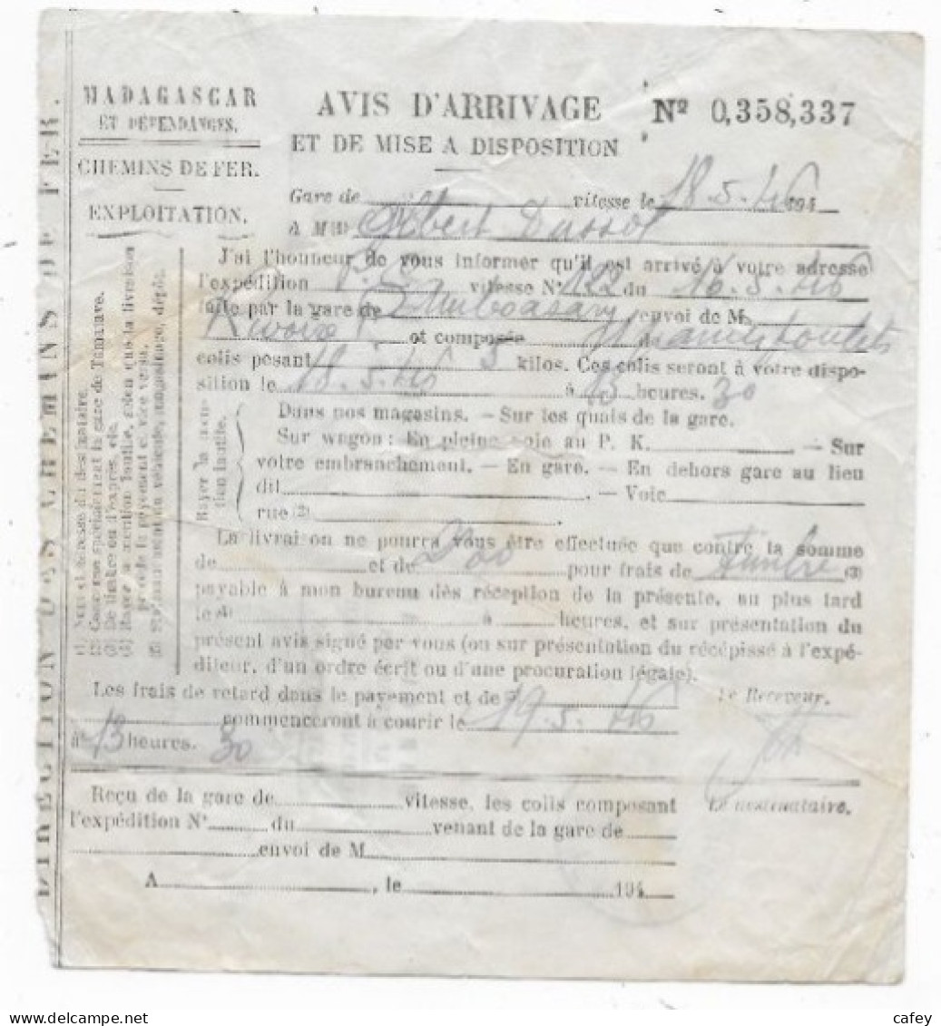 MADAGASCAR Lettre D'avis D'arrivage CHEMIN DE FER 1946 Timbre 2F - Brieven En Documenten