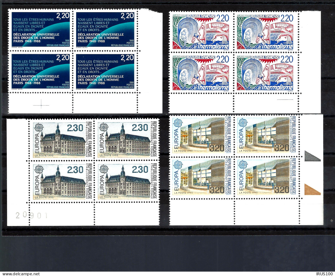 BLOCS DE 4 - COINS DE FEUILLE -1988 / 1990 ** MNH - DROITS DE L'HOMME - THERMALISME - EUROPAS - Unused Stamps