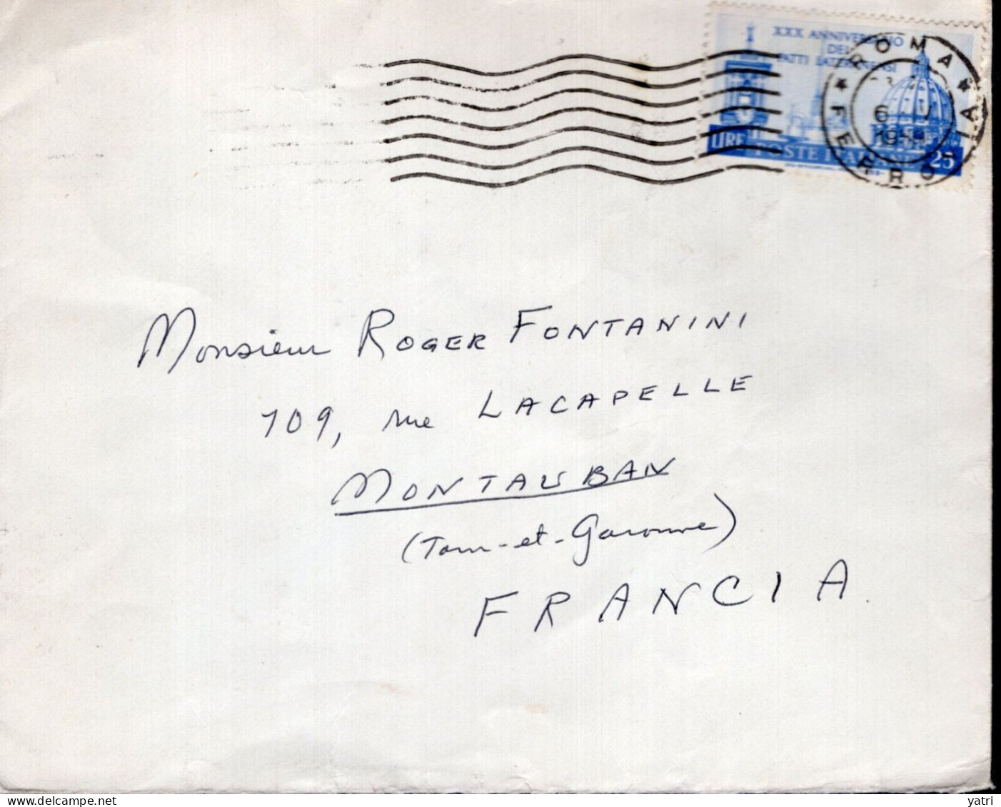 Italia (1959) 25 L. "Patti Lateranensi" Su Busta In Tariffa Ridotta Per La Francia - 1946-60: Storia Postale
