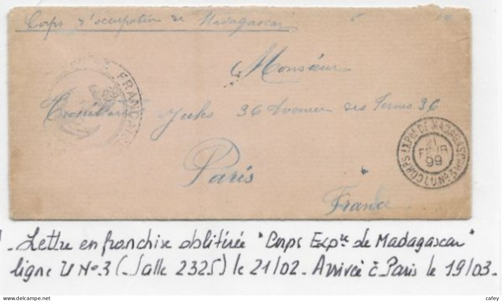 MADAGASCAR Enveloppe FM CORPS EXPre DE MADAGASCAR / LU N° 3 1899 - Cartas & Documentos