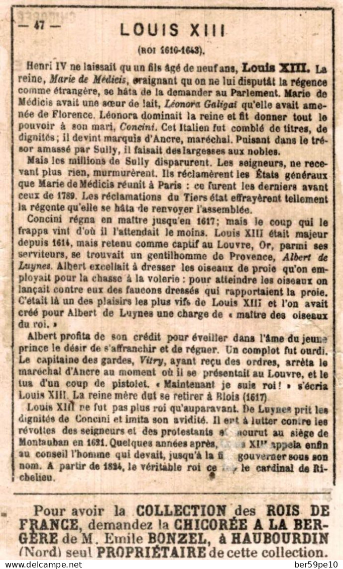 CHROMO CHICOREE A LA BERGERE EMILE BONZEL A HAUBOURDIN ROIS DE FRANCE N°47 LOUIS XIII - Tee & Kaffee