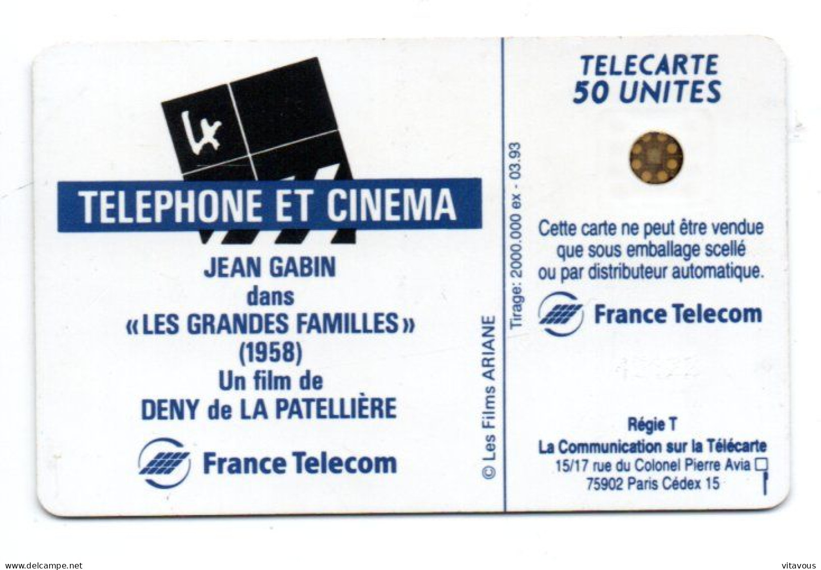 Jean Gabin Film Movie Acteur Télécarte France 50 Unités  Telefonkarte Phonecard  (K 307) - Personaggi