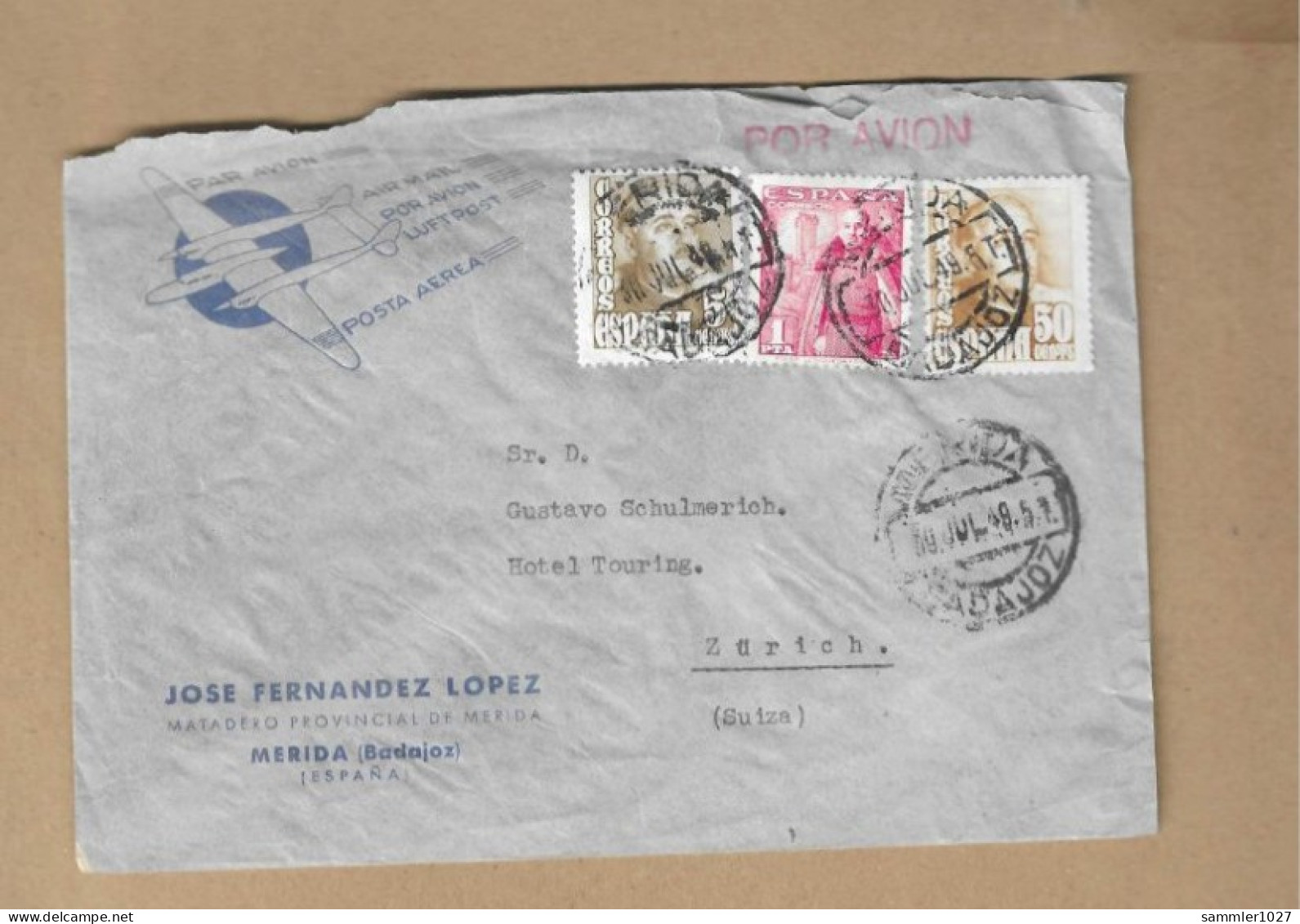 Los Vom 03.05 Briefumschlag Aus Merida Nach Zürich  1949 - Briefe U. Dokumente