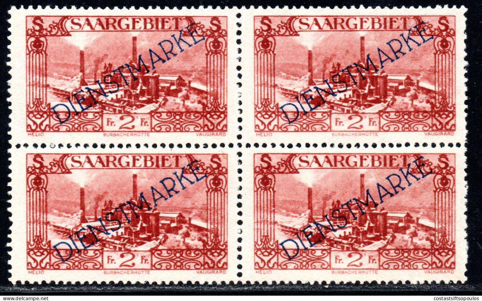 3044. 1927 2 FR. DIENSTMARKE MNH BLOCK OF 4 - Servizio