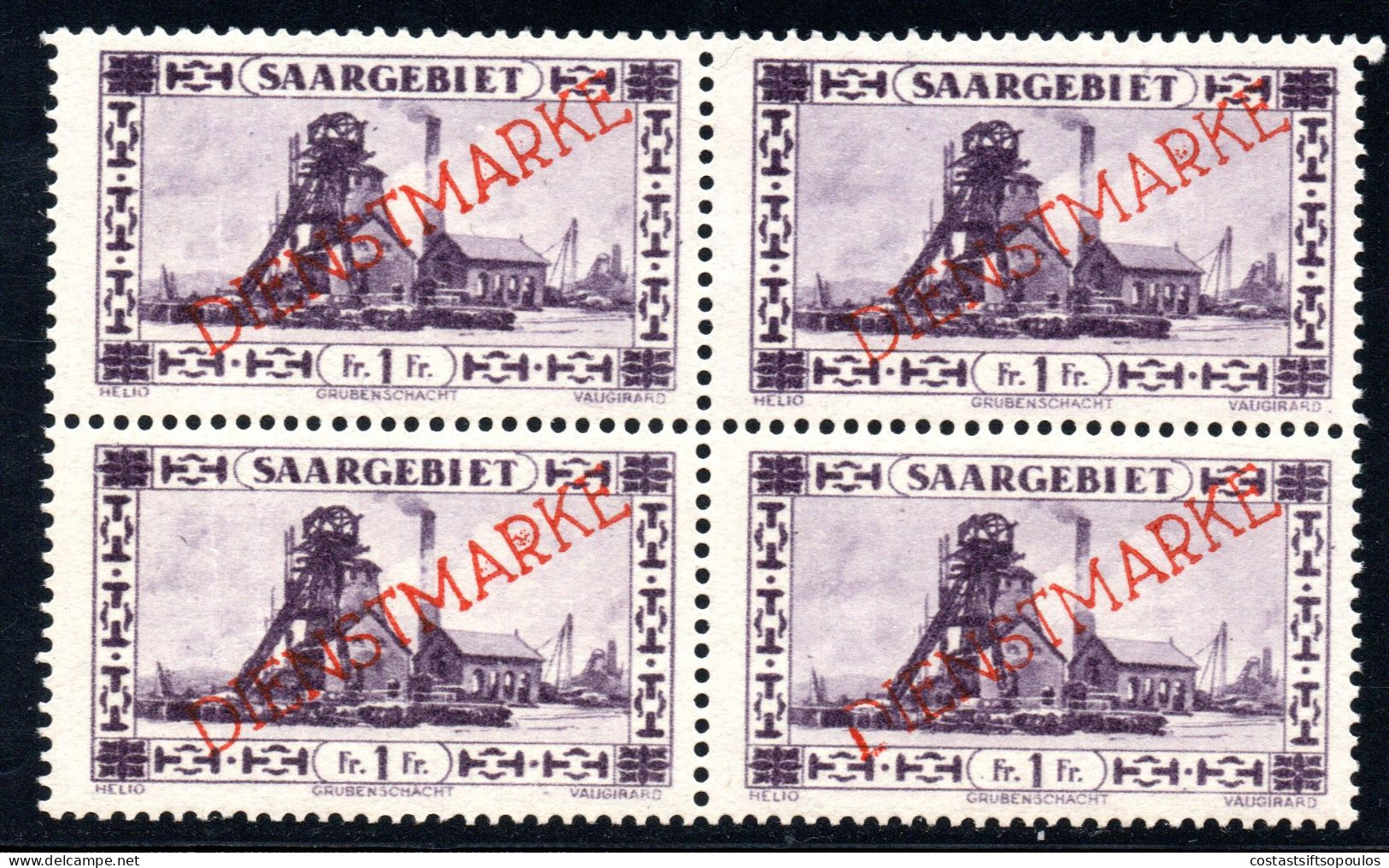 3045. 1927 1 FR. DIENSTMARKE MNH BLOCK OF 4 - Servizio