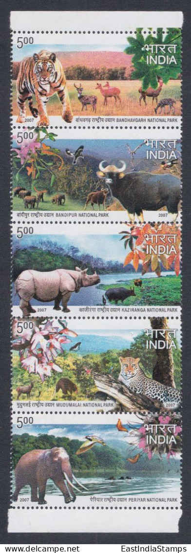 Inde India 2006 MNH Se-tenant National Parks Wildlife, Rhinoceros, Rhino, Elephant, Ddeer, Leopard, Tiger, Bear, Bird - Brieven En Documenten