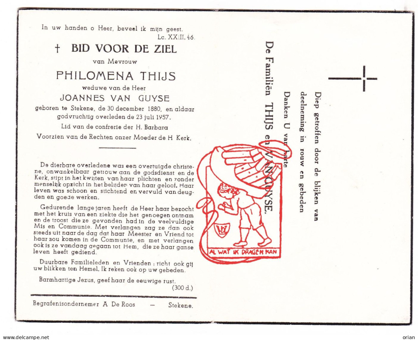 DP Philomena Thys ° Stekene 1880 † 1957 X Joannes Van Guyse - Images Religieuses