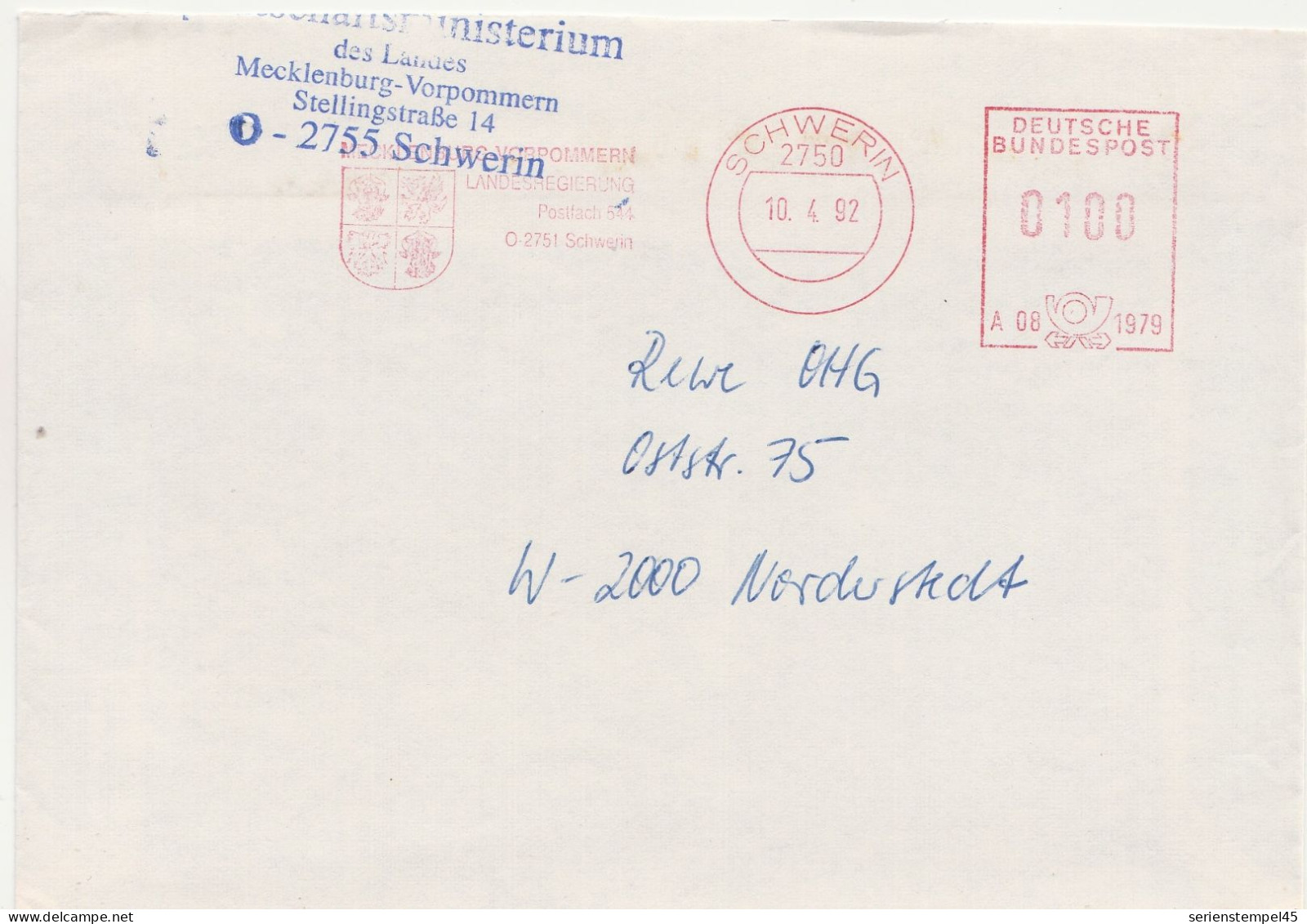 Deutsche Bundespost Brief Mit Freistempel VGO PLZ Oben Schwerin 1992 Landesregierung A08 1979 - Maschinenstempel (EMA)