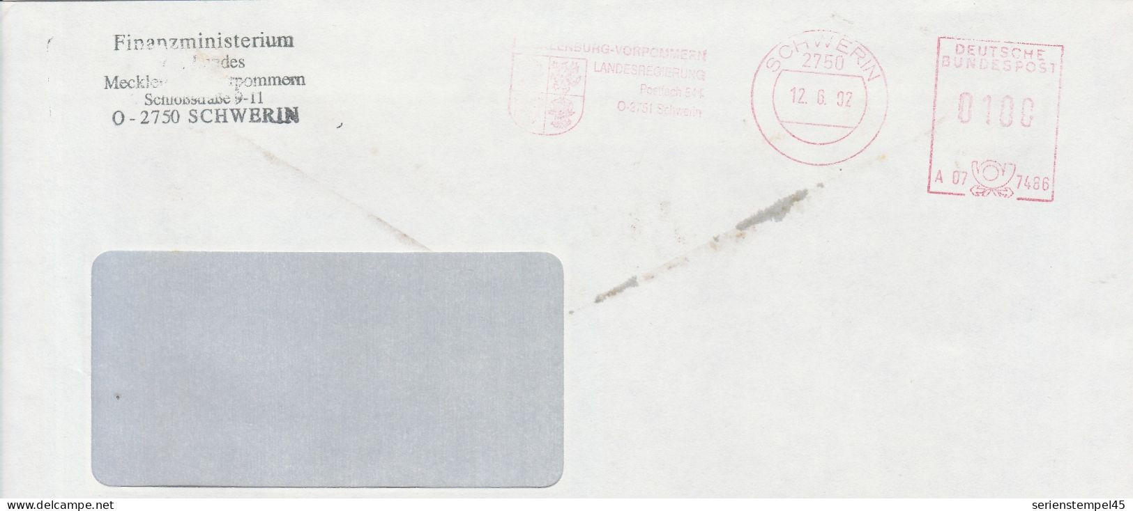 Deutsche Bundespost Brief Mit Freistempel VGO PLZ Oben Schwerin 1992 Finanzministerium A07 7486 - Franking Machines (EMA)