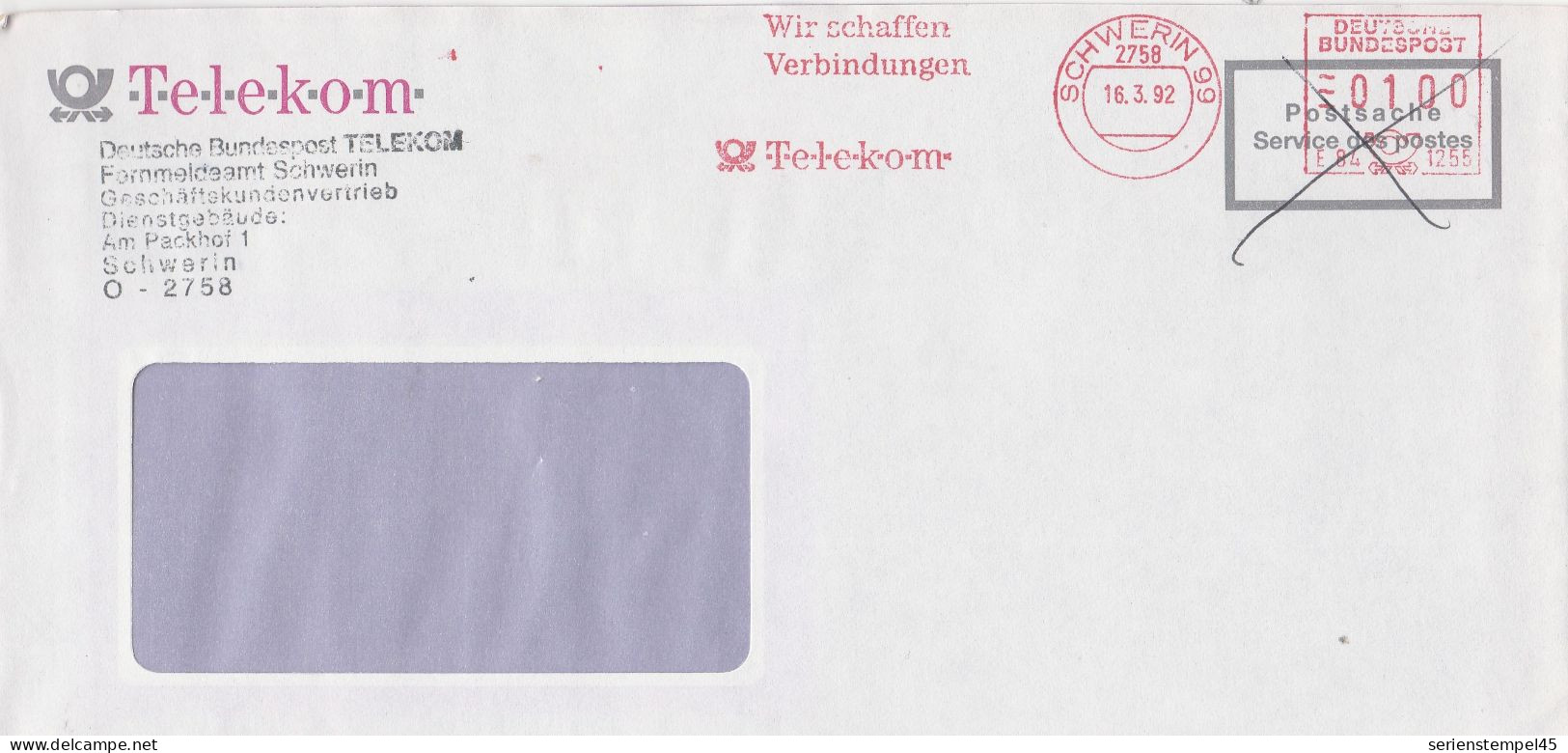 Deutsche Bundespost Brief Mit Freistempel VGO PLZ Oben Schwerin 1992 Telekom E84 1255 - Máquinas Franqueo (EMA)