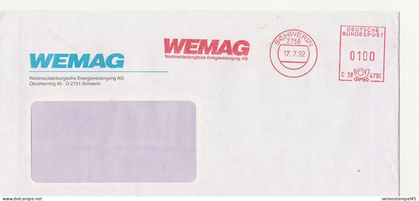 Deutsche Bundespost Brief Mit Freistempel VGO PLZ Oben Schwerin 1992 WEMAG C39 4700 - Machines à Affranchir (EMA)