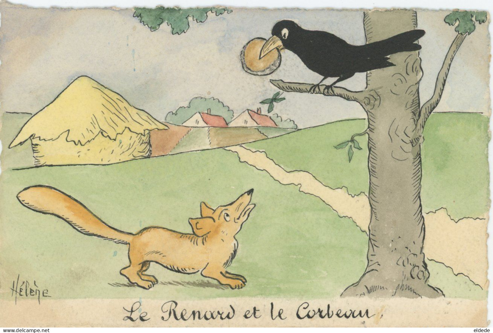 Fable Fontaine Corbeau Renard Fromage Faite Main Hélène . Signed Hand Made Crow Fox Cheese - Cuentos, Fabulas Y Leyendas