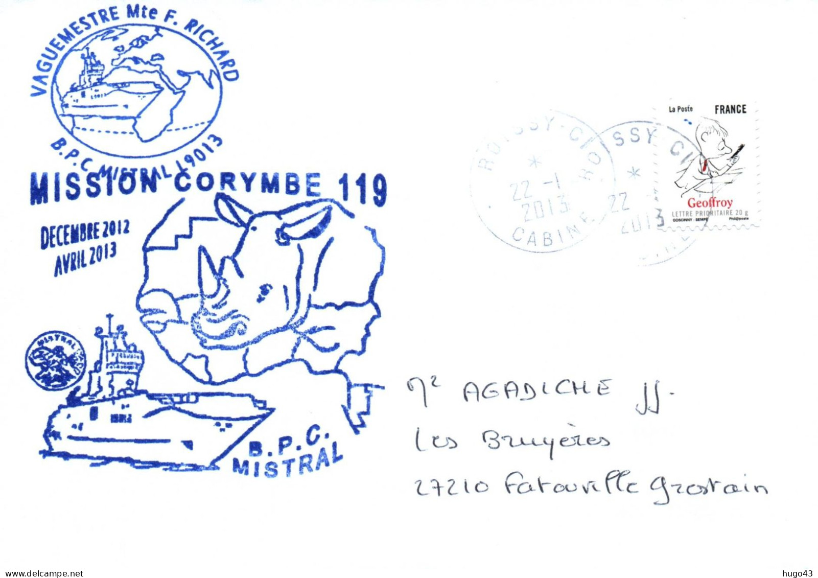 ENVELOPPE AVEC CACHET B.P.C. MISTRAL - MISSION CORYMBE - N°119 - DECEMBRE A  AVRIL 2013 - Naval Post