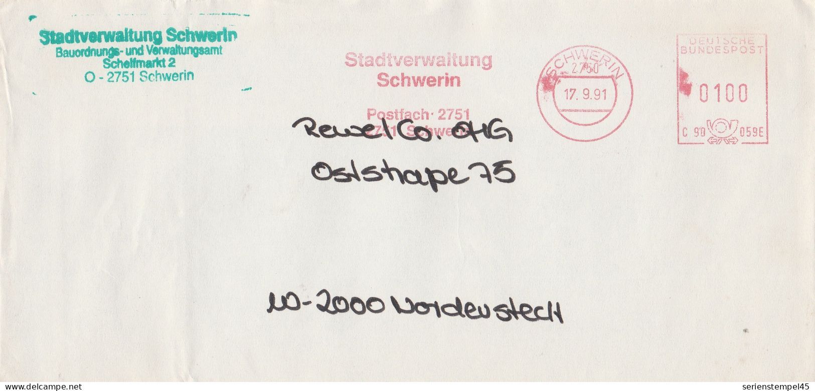 Deutsche Bundespost Brief Mit Freistempel VGO PLZ Oben Schwerin 1991 Stadtverwaltung Schwerin C90 059E - Franking Machines (EMA)