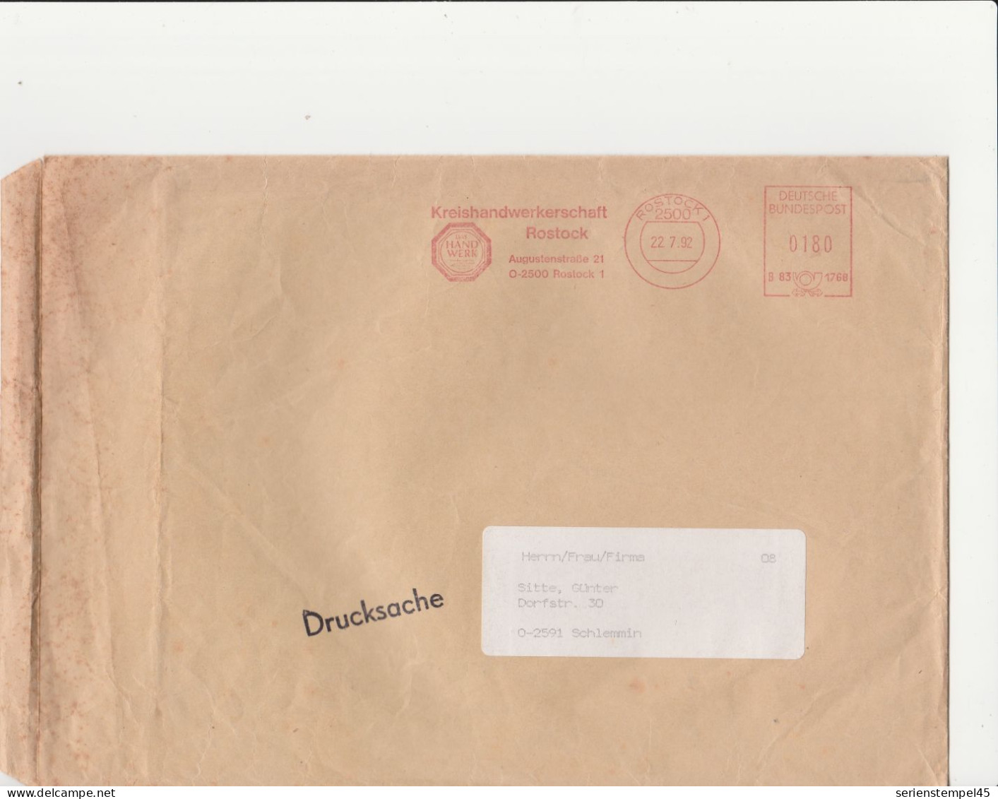 Deutsche Bundespost Brief Mit Freistempel VGO PLZ Oben Rostock 1992 Kreishandwerkerschaft B83 1768 - Máquinas Franqueo (EMA)
