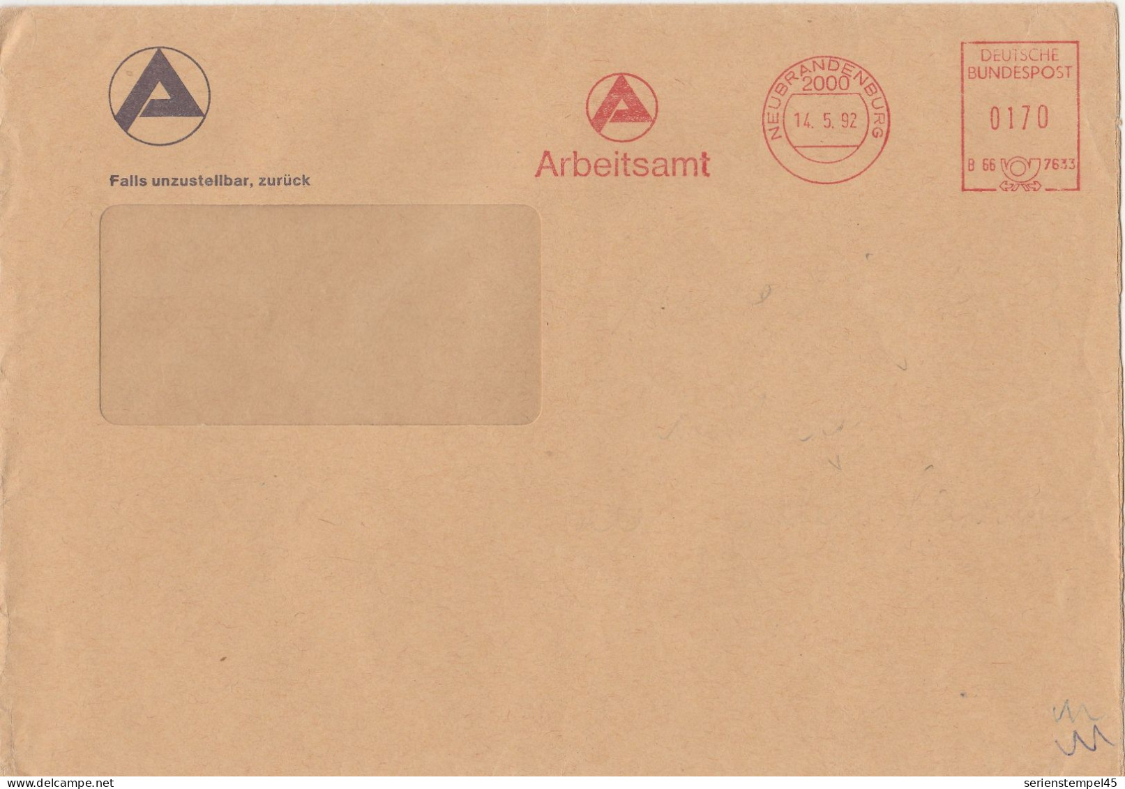 Deutsche Bundespost Brief Mit Freistempel VGO PLZ Oben Neubrandenburg 1992 Arbeitsamt B66 7633 - Franking Machines (EMA)