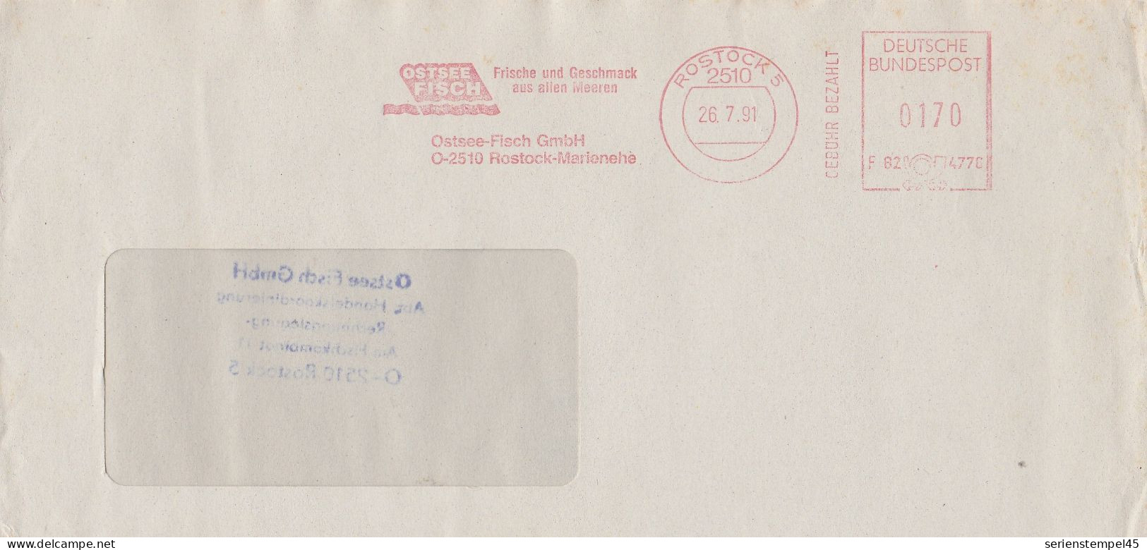 Deutsche Bundespost Brief Mit Freistempel VGO PLZ Oben Rostock 1991 Ostsee Fisch F82 4770 - Macchine Per Obliterare (EMA)