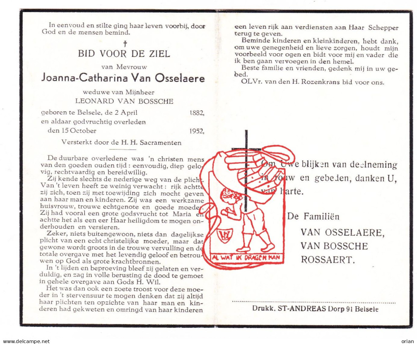 DP Joanna Catharina Van Osselaere ° Belsele Sint-Niklaas 1882 † 1952 X Leonard Van Bossche // Rossaert - Andachtsbilder