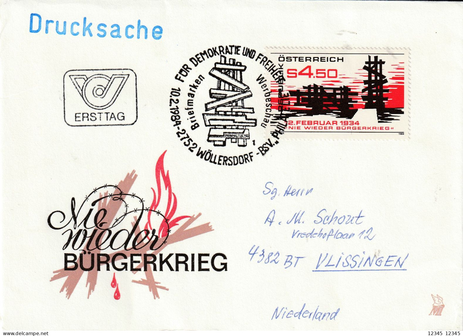 Oostenrijk 1984, FDC Sent To Netherland, Never Again Civil War - FDC