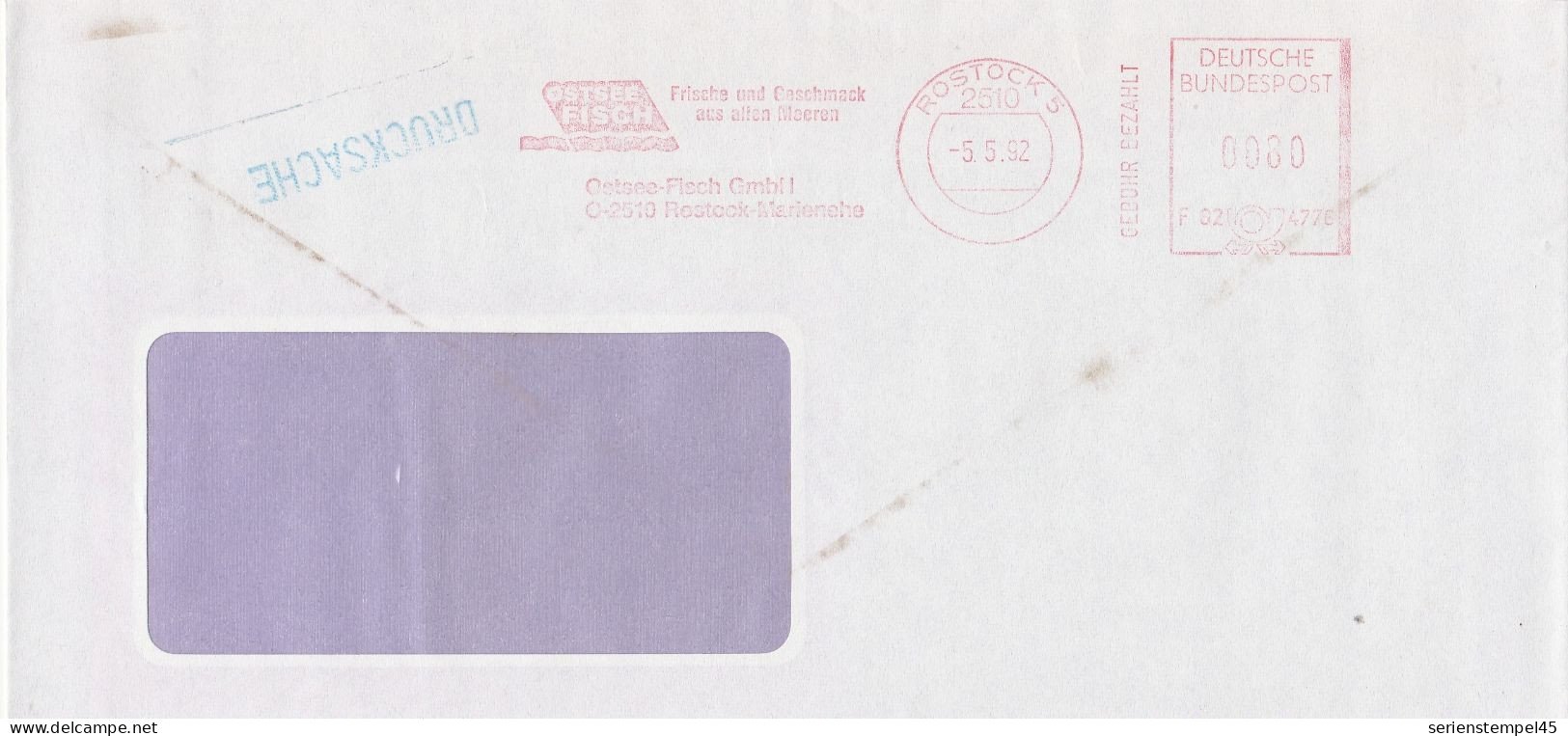 Deutsche Bundespost Brief Mit Freistempel VGO PLZ Oben Rostock 1992 Ostsee Fisch F82 4770 - Frankeermachines (EMA)