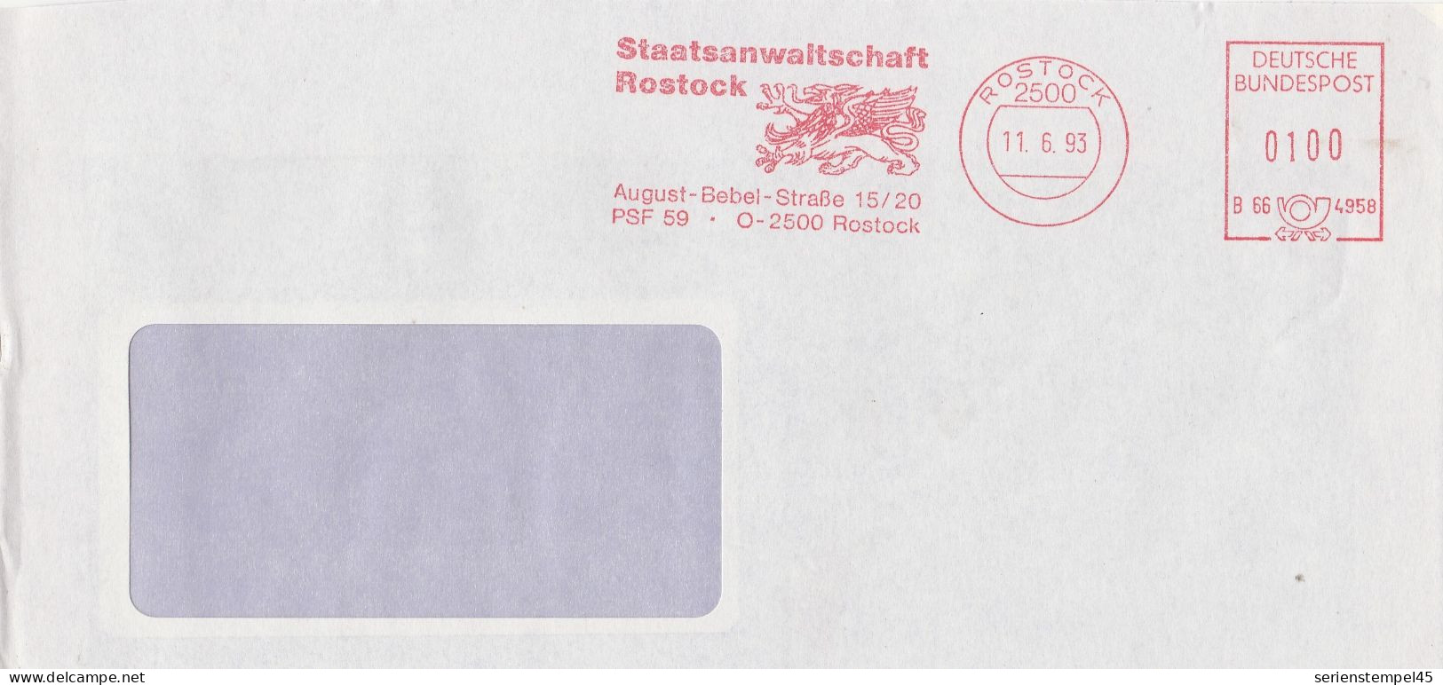 Deutsche Bundespost Brief Mit Freistempel VGO PLZ Oben Rostock 1993 Staatsanwaltschaft Rostock Motiv Drache B66 4958 - Maschinenstempel (EMA)