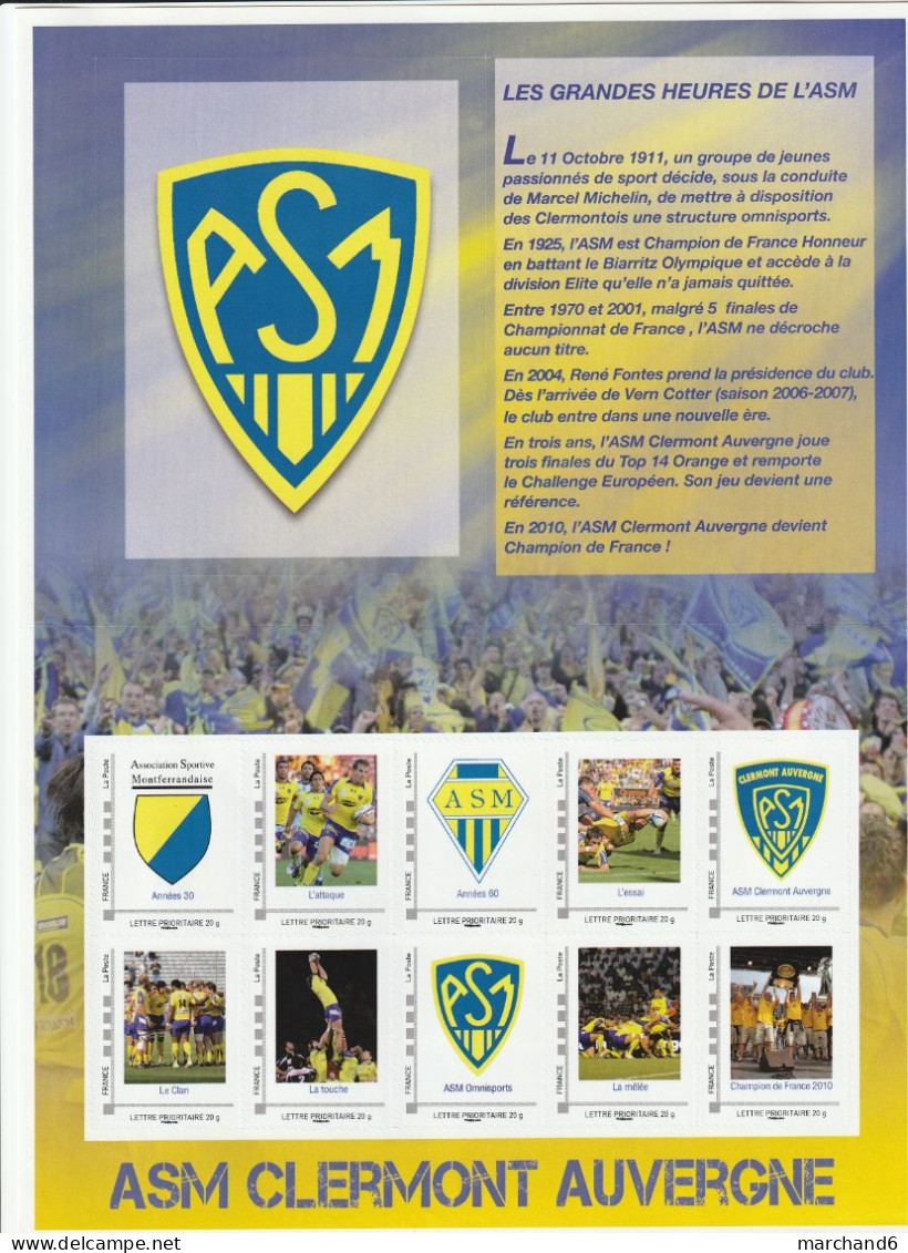 Feuillet Collector ASM Clermont Auvergne Rugby France 2011 IDT L P 20gr 10 Timbres Autoadhésifs N°85 - Collectors