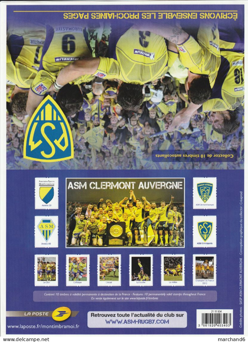 Feuillet Collector ASM Clermont Auvergne Rugby France 2011 IDT L P 20gr 10 Timbres Autoadhésifs N°85 - Collectors