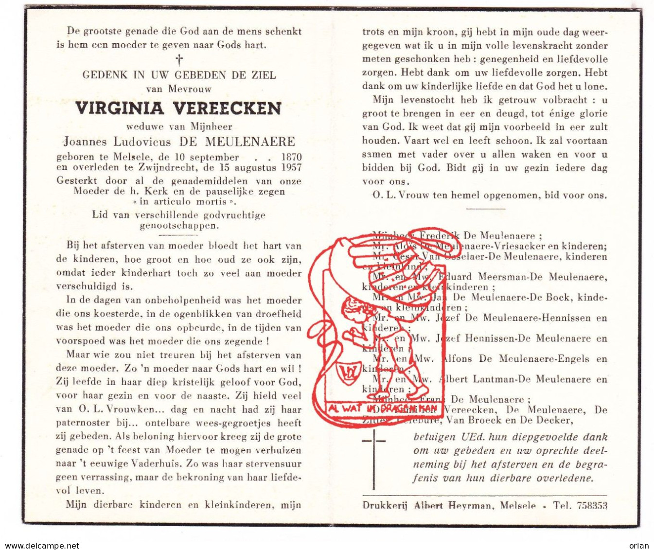 DP Virginia Vereecken ° Melsele Beveren 1870 † Zwijndrecht 1957 De Meulenaere Vriesacker Van Osselaer Hennissen Lantman - Andachtsbilder
